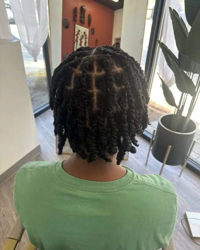 Twisted loc set, back view, in the studio